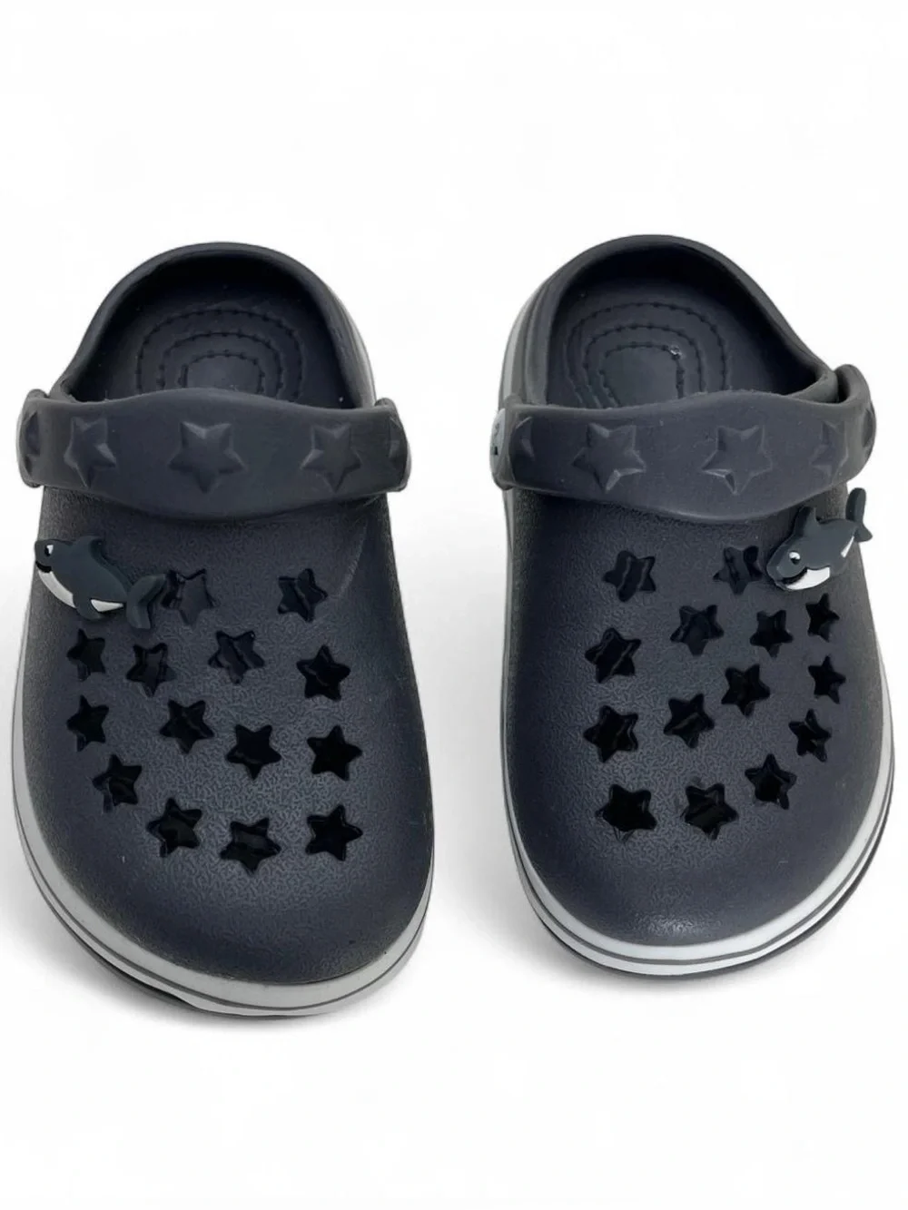 Toddler Boy 6C Crocs Dark Gray White Striped Shark Jibbitz Koala Baby Star Cut